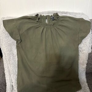 Express Olive Blouse with Ruffled Neckline